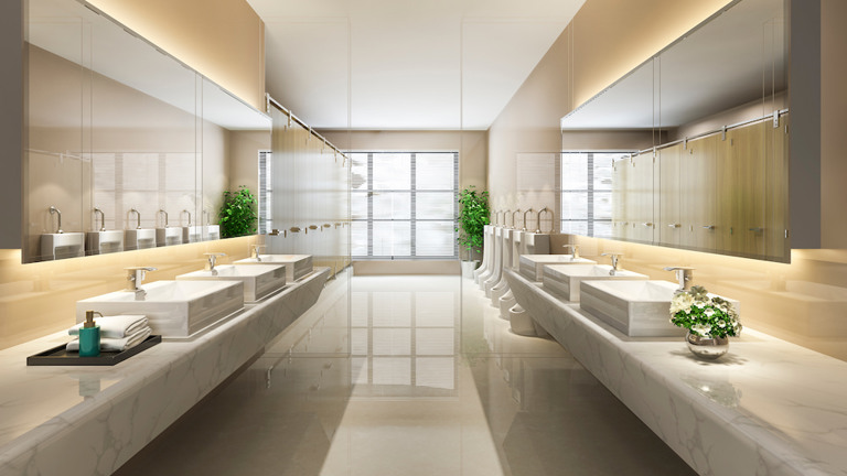 3D rendering of a modern, luxurious public toilet featuring wood and tile decor.