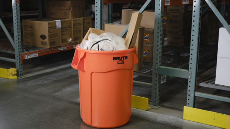 Rubbermaid Commercial Products Brute Vented Round Waste Container in orange.